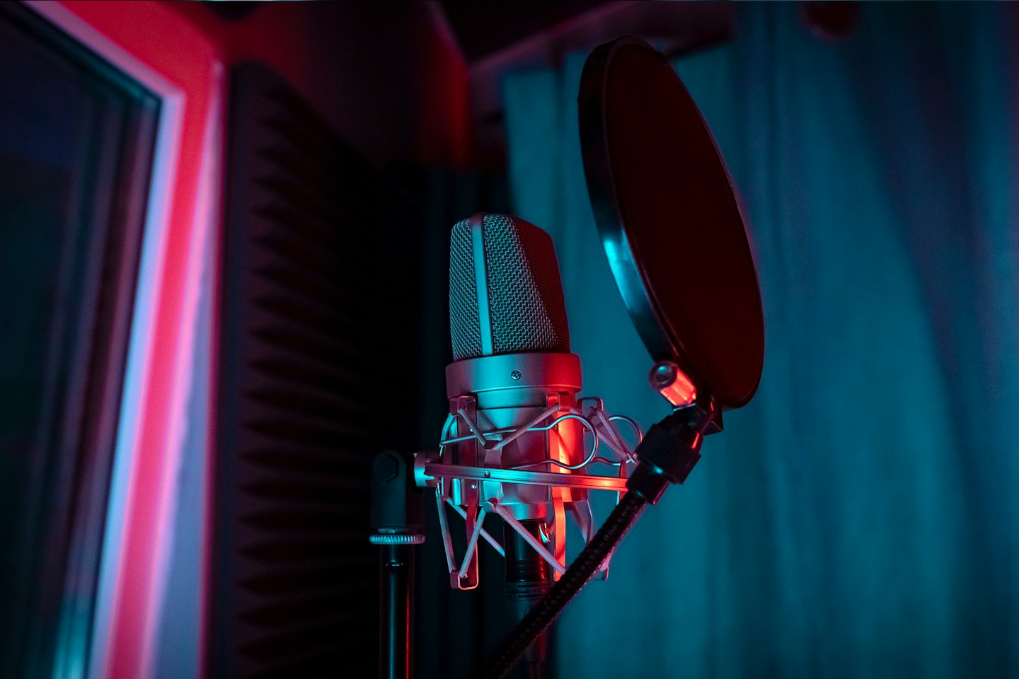 Condenser microphone with pop filter in a recording studio.